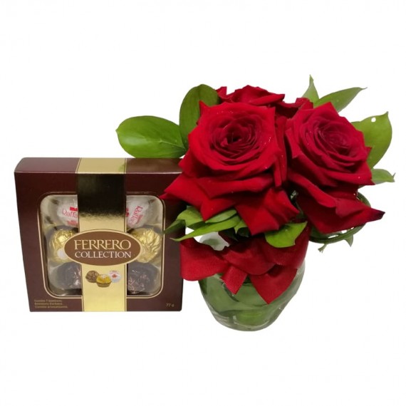 Arranjo com 3 Rosas Colombianas L’Amour com Chocolate Ferrero Colection com 07 unidades