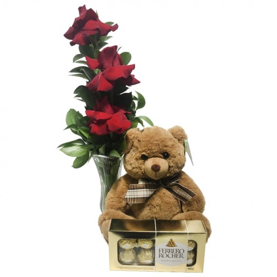 Arranjo com Rosas Colombianas Unique e Urso de Pelúcia Marrom "G" Ferrero Rocher Tradicional