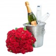 Balde Inox com Champanhe Chandon, 2 Taças e Buquê de Mini Rosas