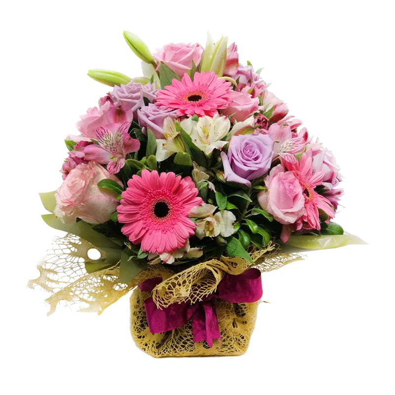 Arrangement with National Roses, Lilies, Gerberas and Astromelia