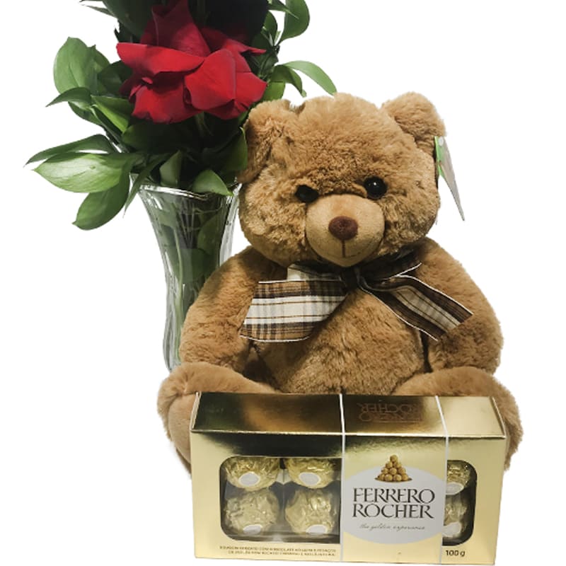 Arrangement with Unique Colombian Roses and Brown Teddy Bear 